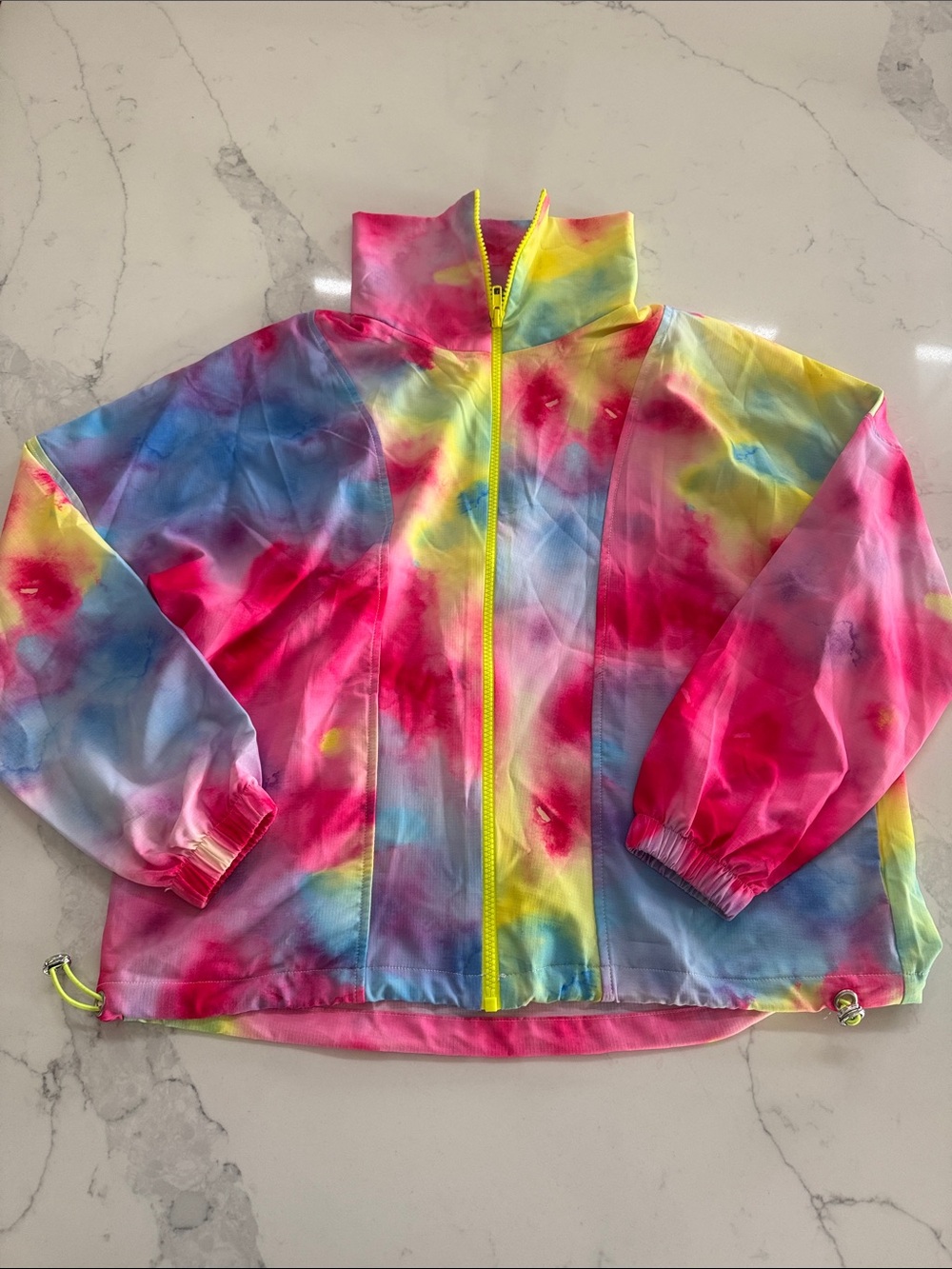 Terez Tie-Dye Rainbow Windbreaker Jacket with Neon Yellow Zip